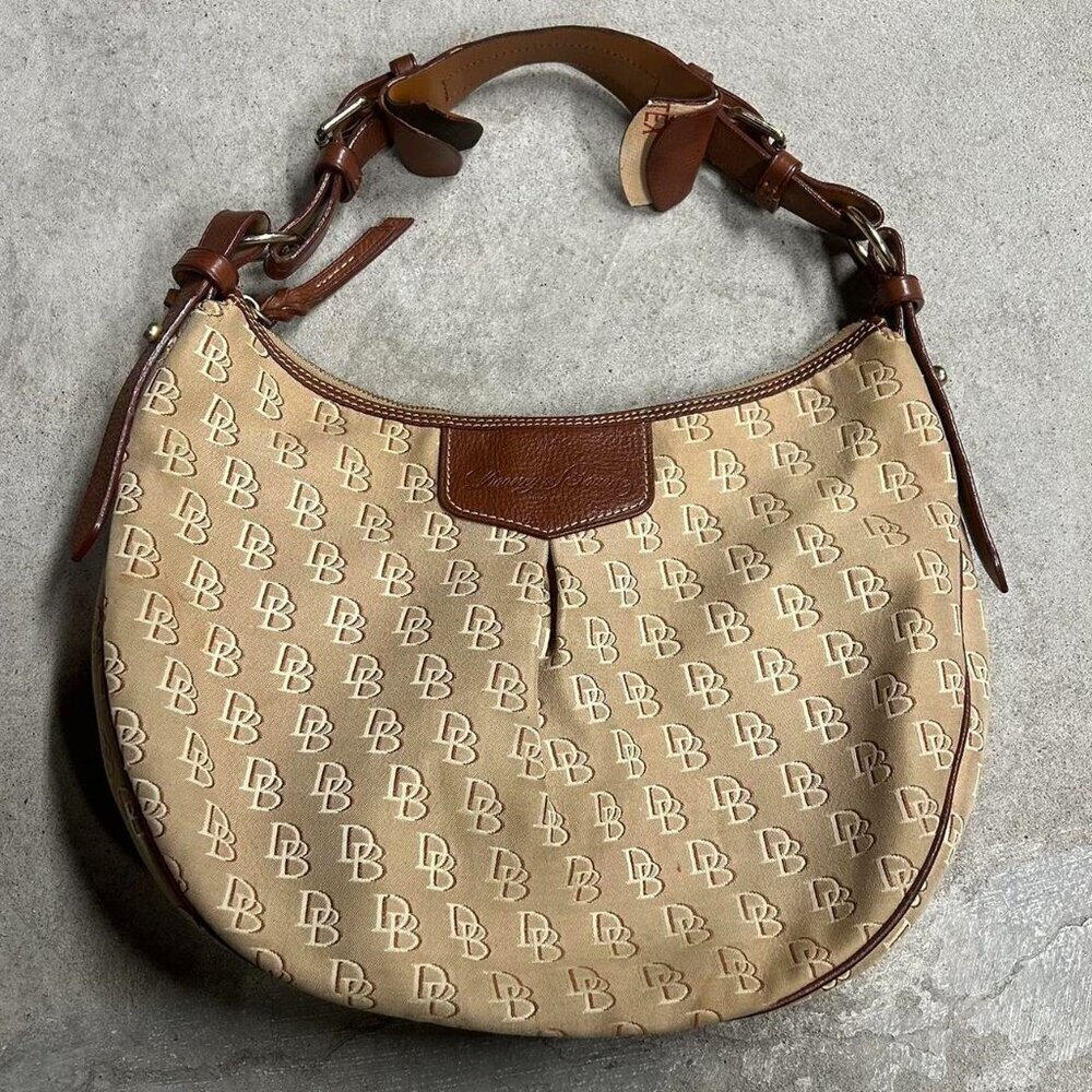 Dooney & Bourke Signature Monogram Luisa Shoulder Bag Leather Trim Brown
